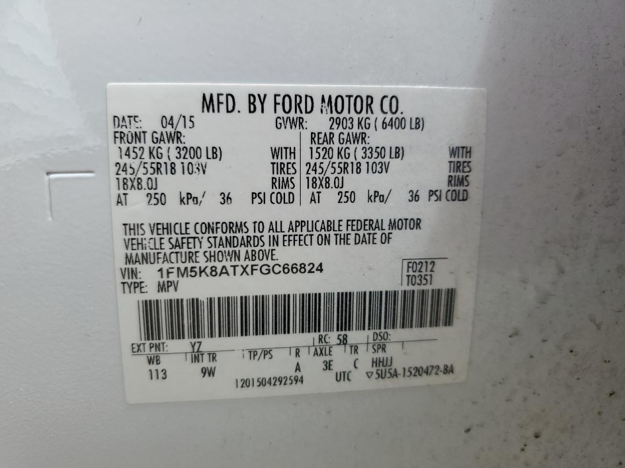 1FM5K8ATXFGC66824 2015 Ford Explorer Police Interceptor