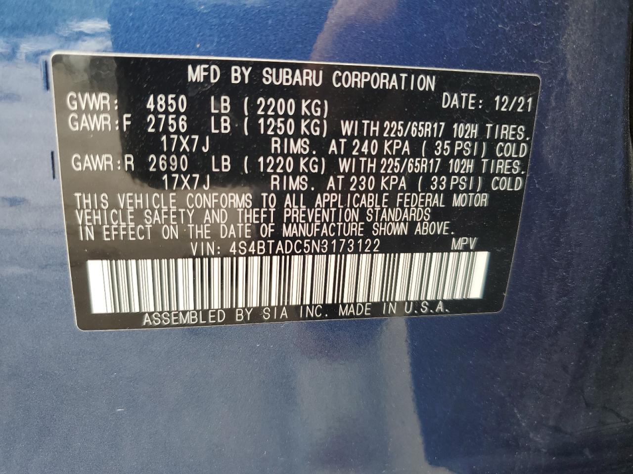 4S4BTADC5N3173122 2022 Subaru Outback Premium