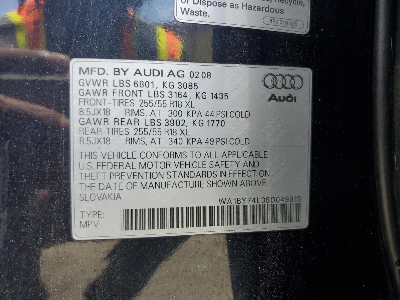 WA1BY74L38D049819 2008 Audi Q7 3.6 Quattro Premium