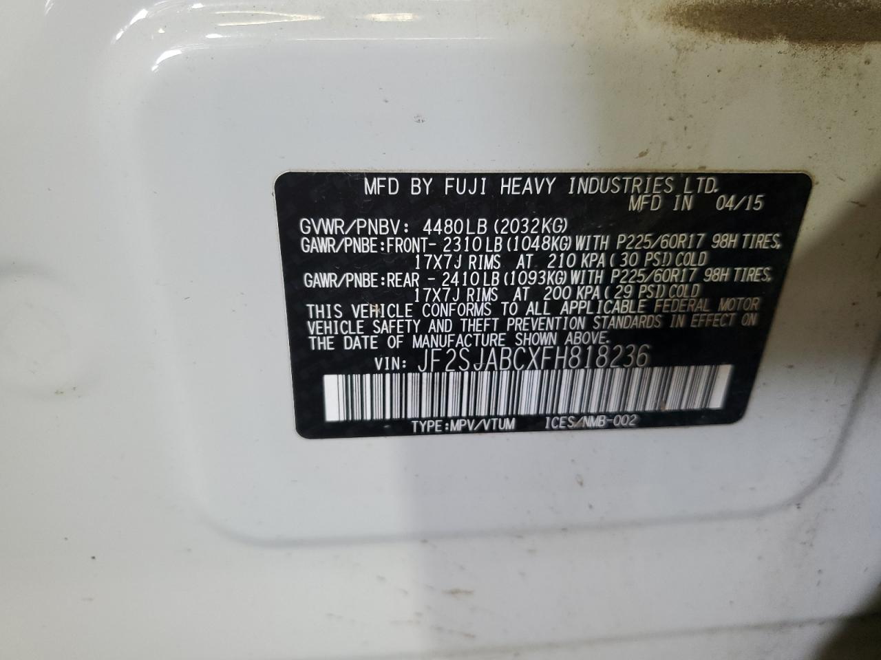 JF2SJABCXFH818236 2015 Subaru Forester 2.5I