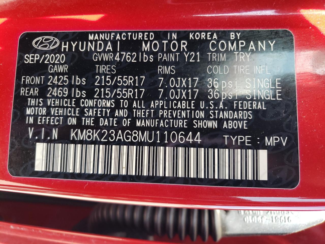 KM8K23AG8MU110644 2021 Hyundai Kona Sel