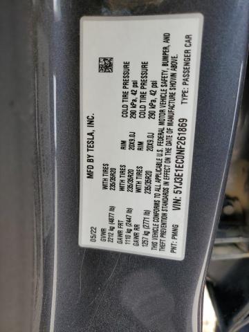 VIN 5YJ3E1EC0NF261869 2022 TESLA MODEL 3 no.12