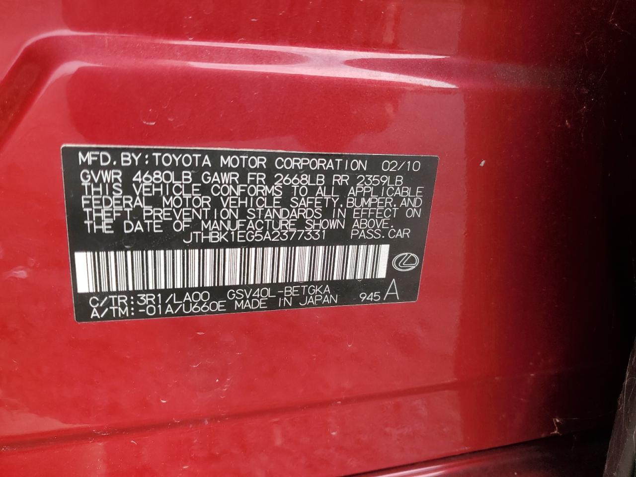 JTHBK1EG5A2377331 2010 Lexus Es 350