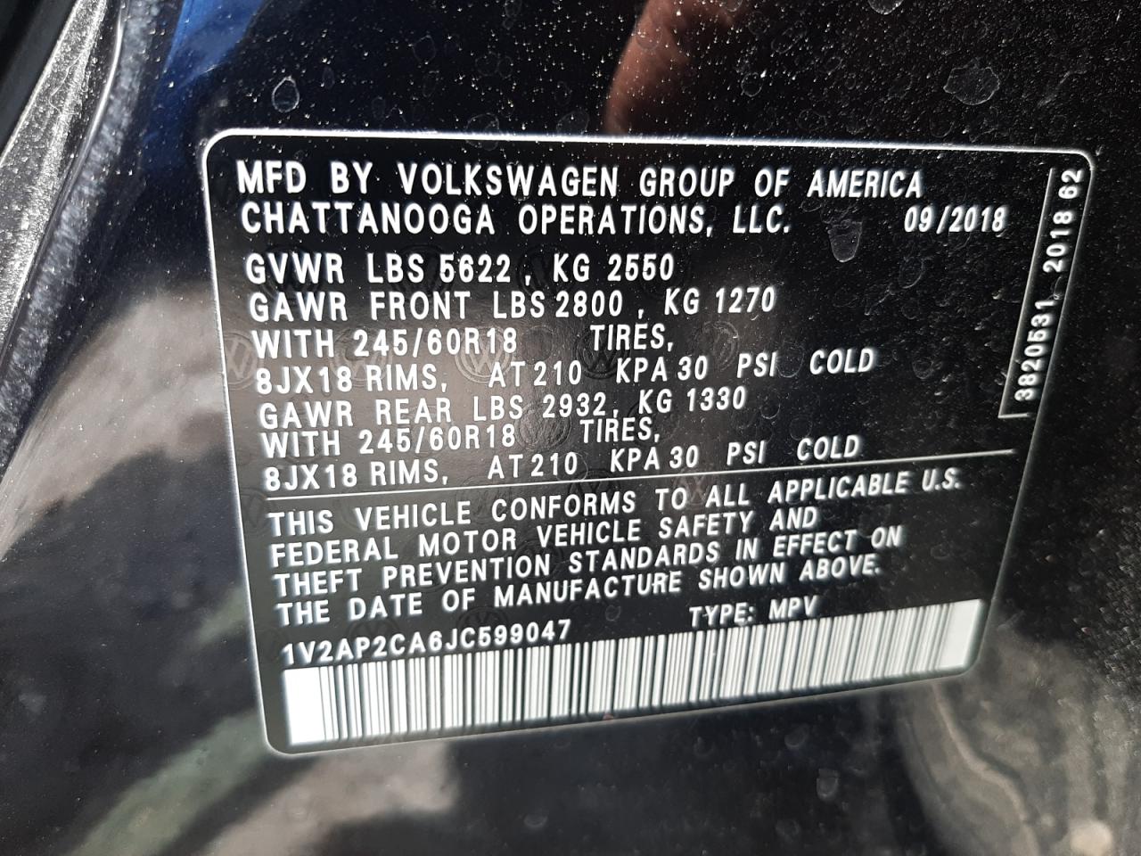 2018 Volkswagen Atlas S vin: 1V2AP2CA6JC599047