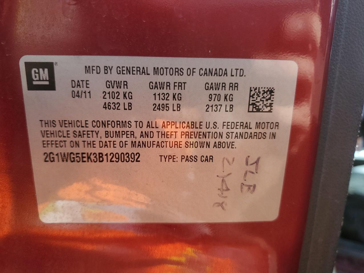 2G1WG5EK3B1290392 2011 Chevrolet Impala Lt