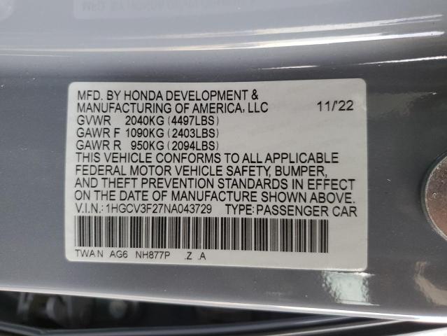 2022 Honda Accord Hybrid Sport VIN: 1HGCV3F27NA043729 Lot: 57533004