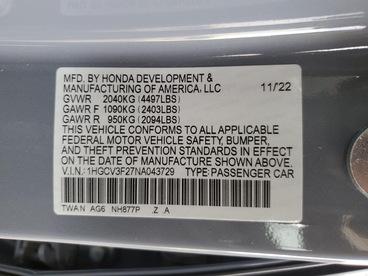 1HGCV3F27NA043729 2022 Honda Accord Hybrid Sport