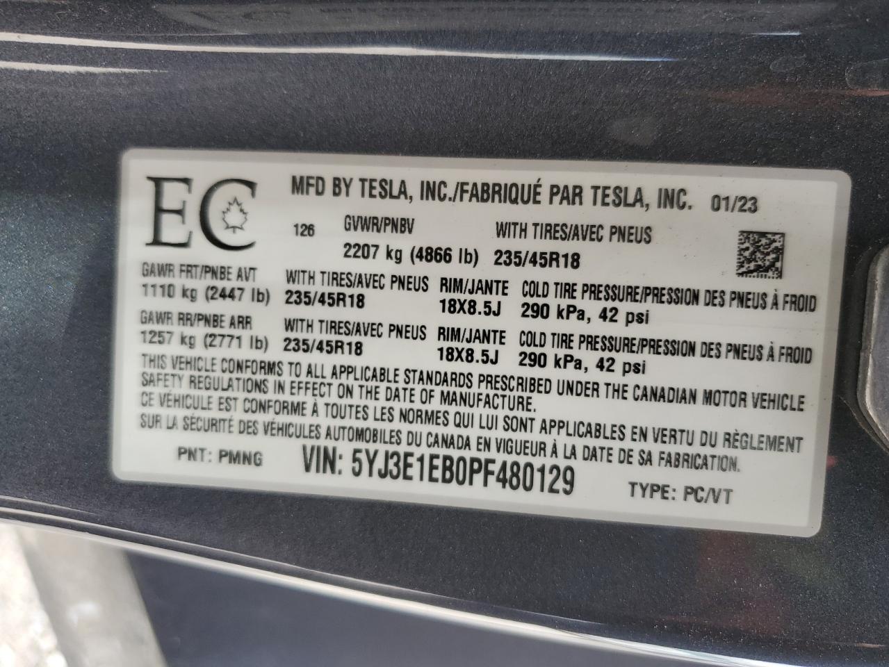 5YJ3E1EB0PF480129 2023 Tesla Model 3