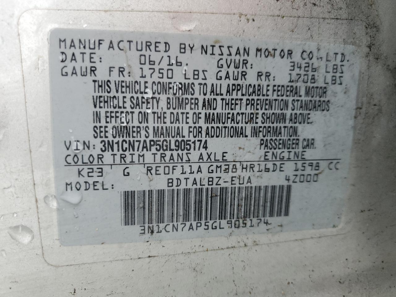 3N1CN7AP5GL905174 2016 Nissan Versa S