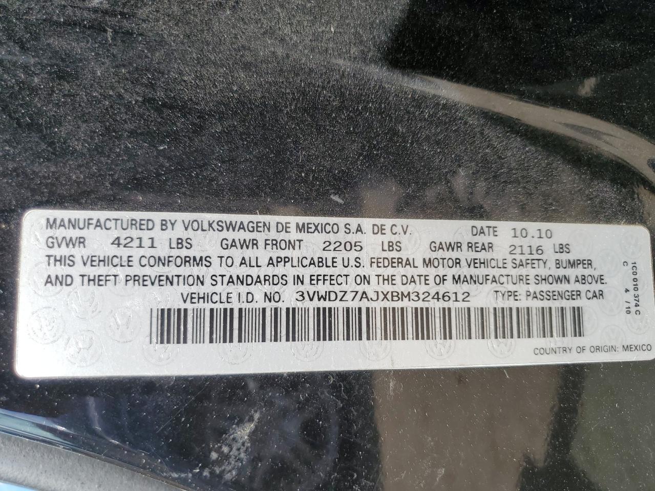 3VWDZ7AJXBM324612 2011 Volkswagen Jetta Se