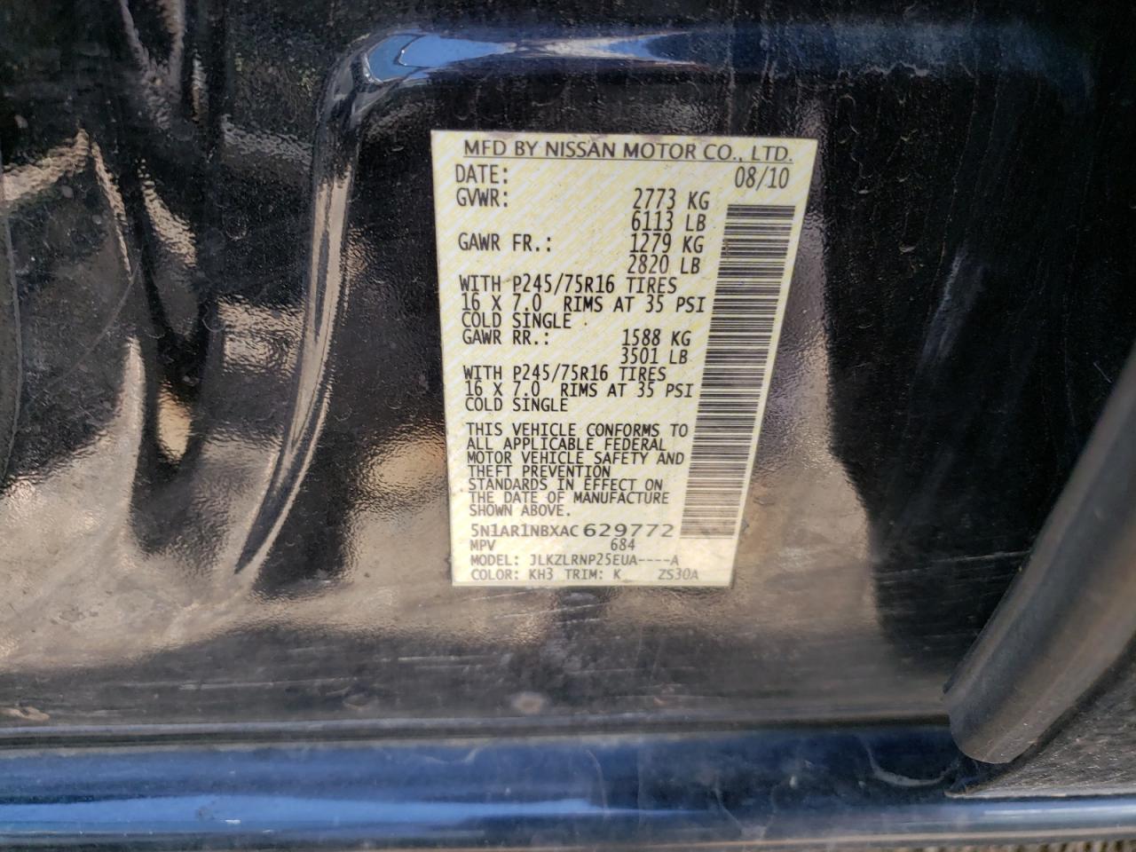 5N1AR1NBXAC629772 2010 Nissan Pathfinder S