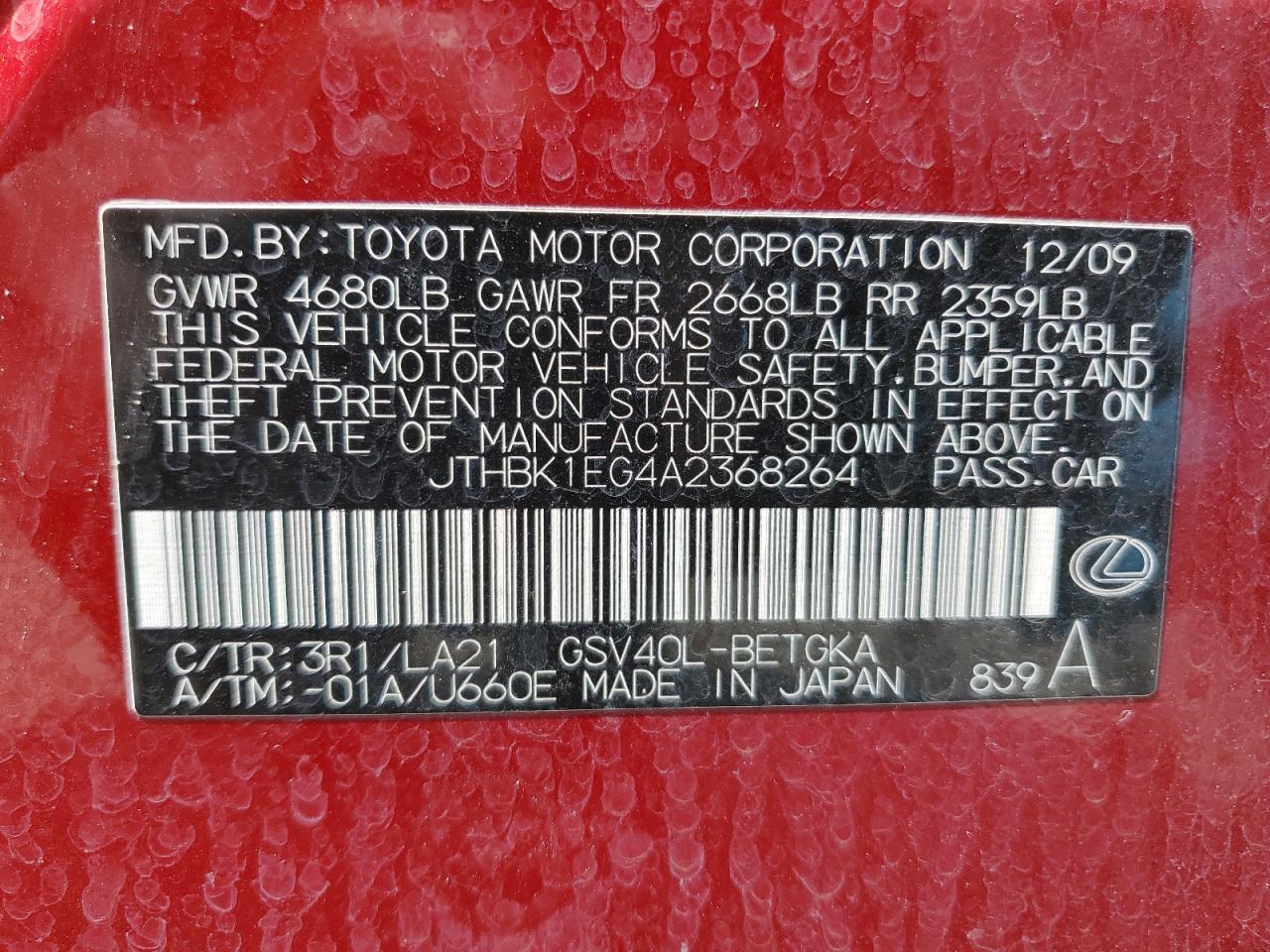 JTHBK1EG4A2368264 2010 Lexus Es 350