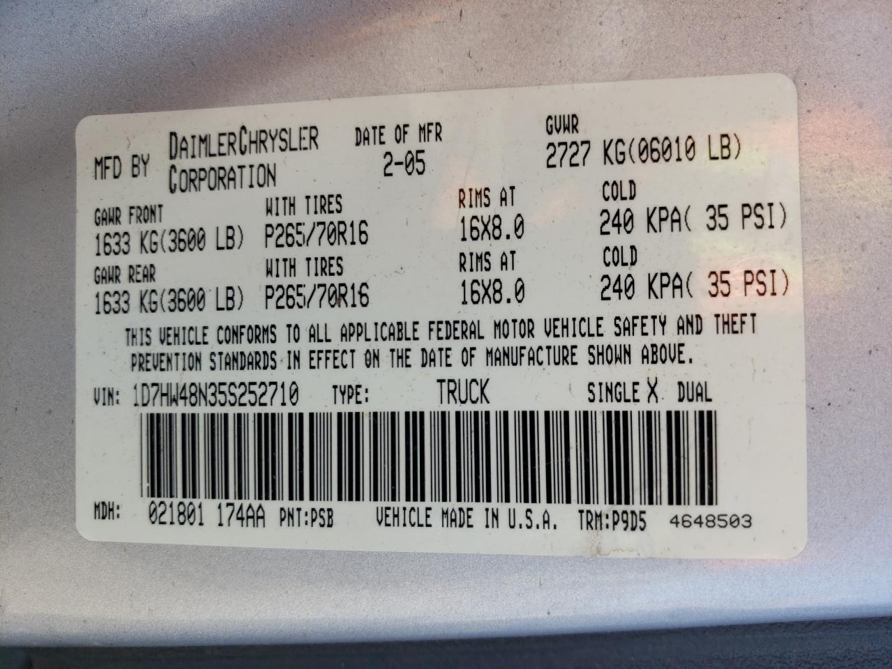 1D7HW48N35S252710 2005 Dodge Dakota Quad Slt