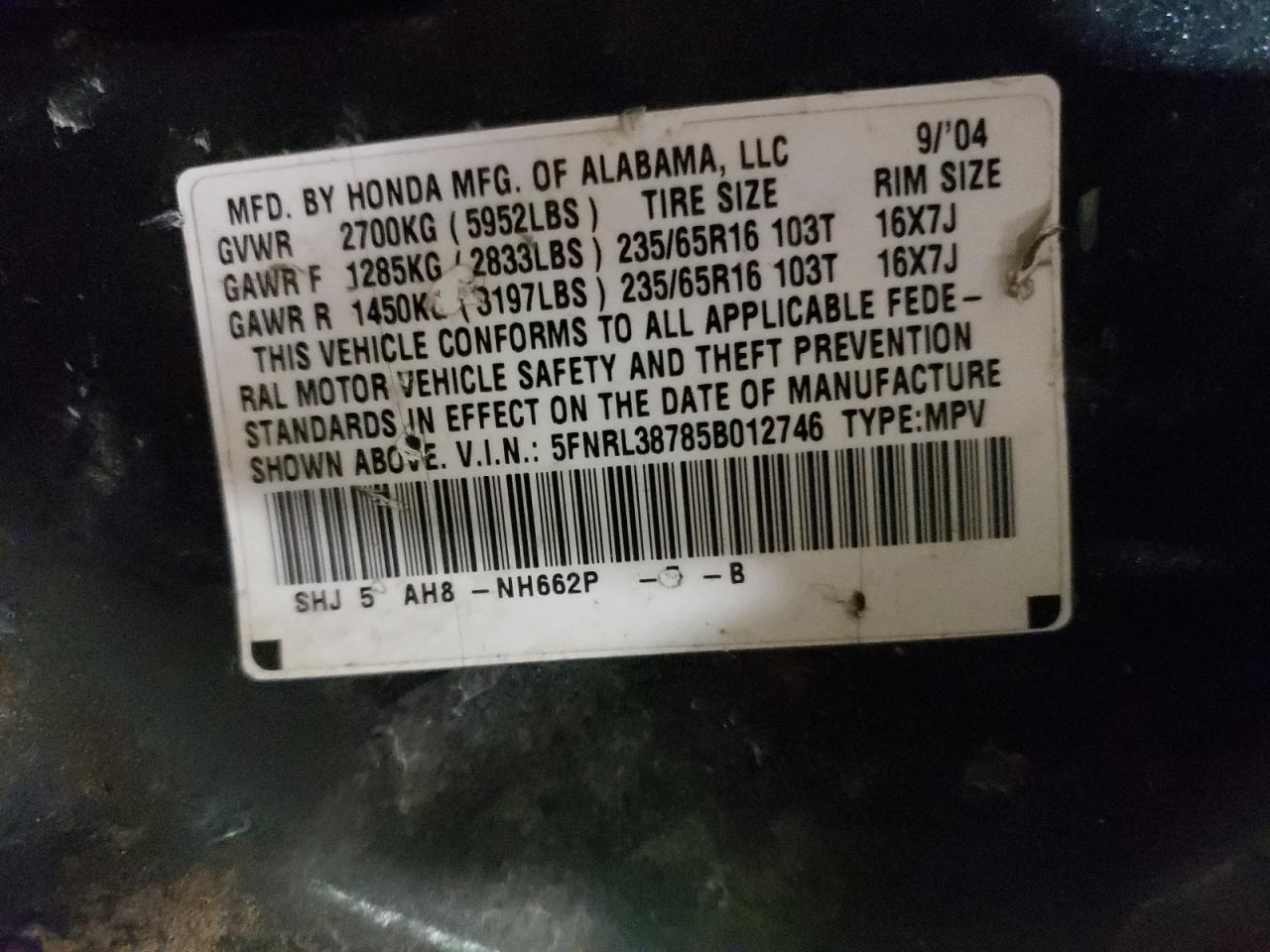 5FNRL38785B012746 2005 Honda Odyssey Exl