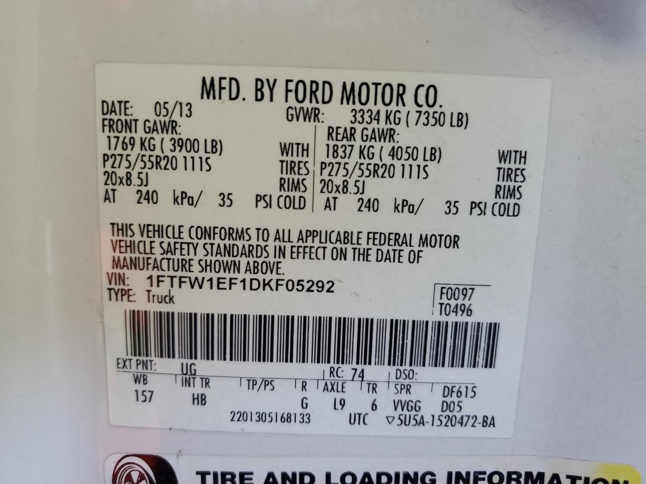 1FTFW1EF1DKF05292 2013 Ford F150 Supercrew