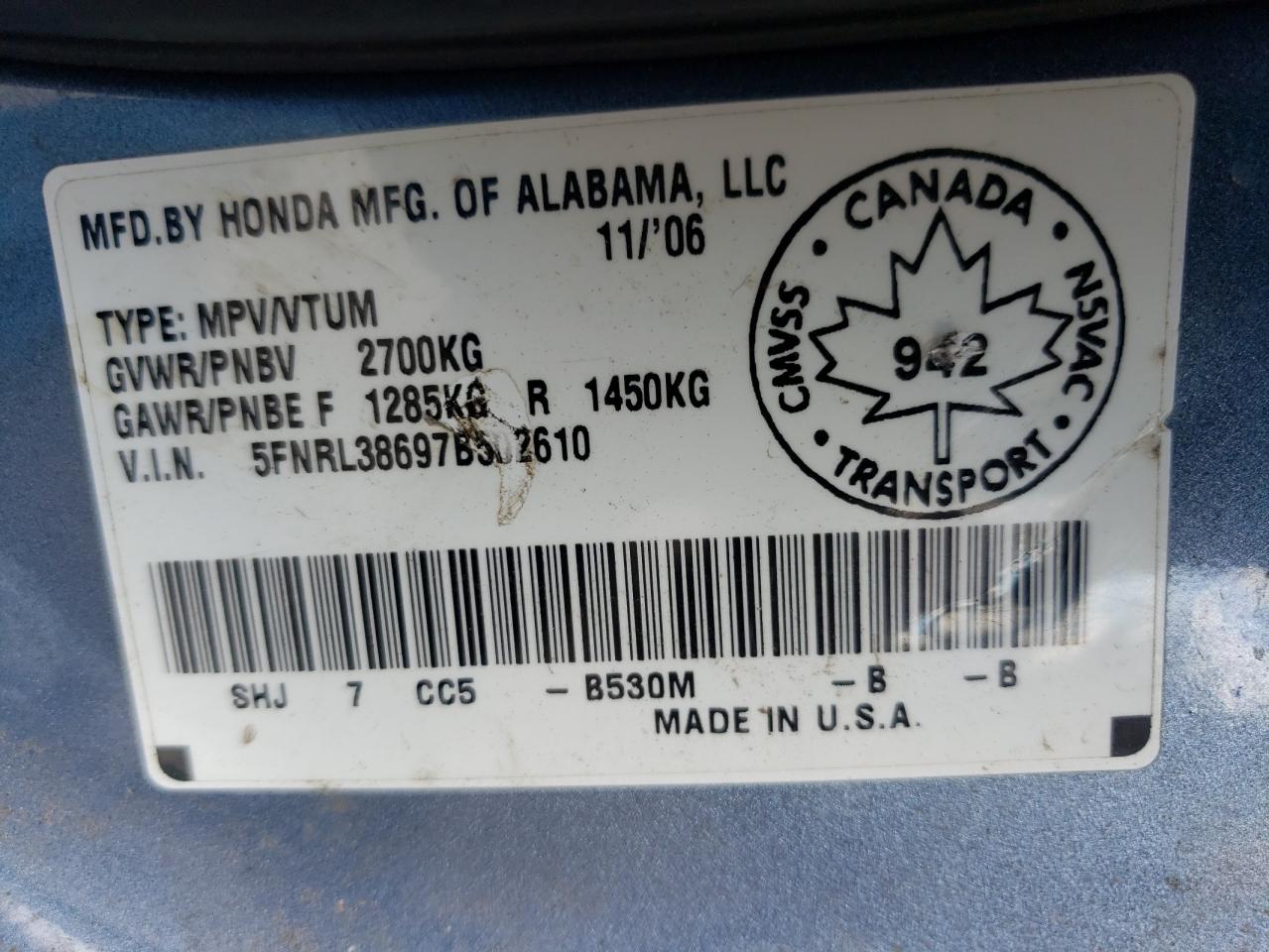 5FNRL38697B502610 2007 Honda Odyssey Exl