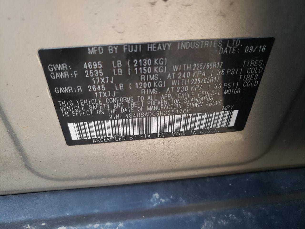 4S4BSADC6H3251768 2017 Subaru Outback 2.5I Premium