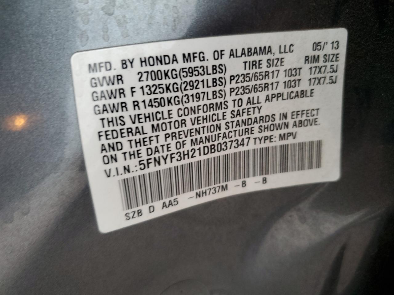 5FNYF3H21DB037347 2013 Honda Pilot Lx