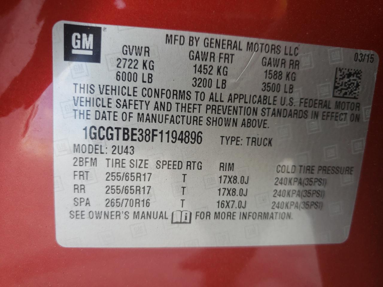 1GCGTBE38F1194896 2015 Chevrolet Colorado Lt