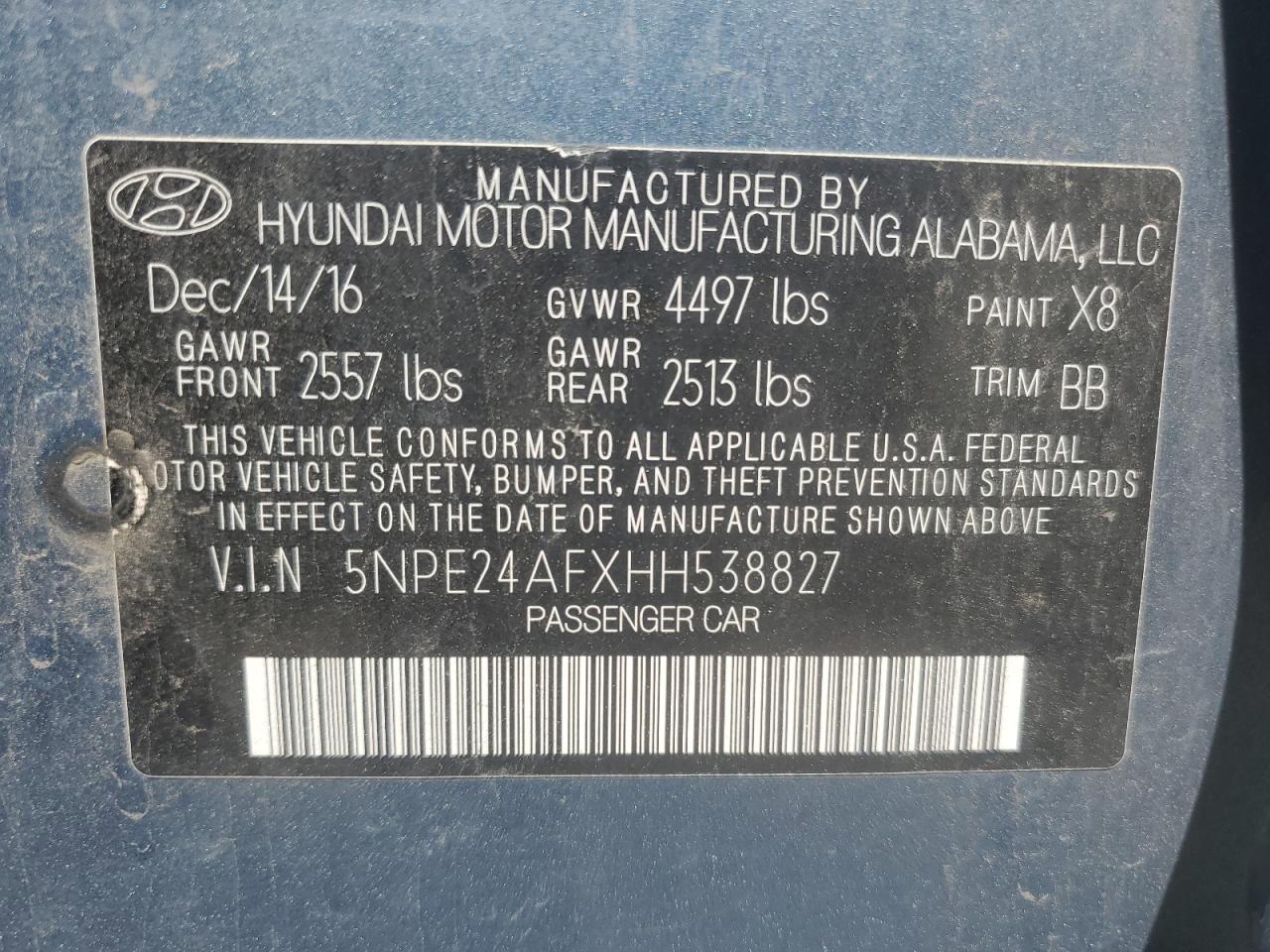 5NPE24AFXHH538827 2017 Hyundai Sonata Se