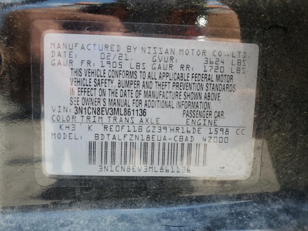 3N1CN8EV3ML861136 2021 Nissan Versa Sv