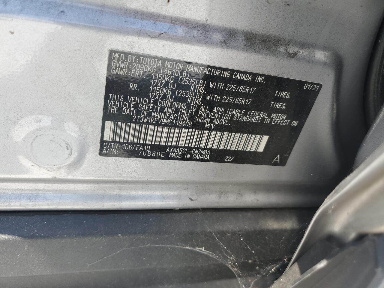 2T3W1RFV9MC119408 2021 Toyota Rav4 Xle