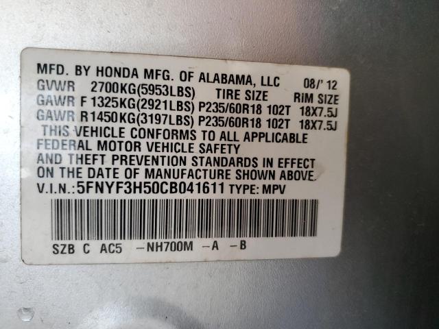 2012 Honda Pilot Exl VIN: 5FNYF3H50CB041611 Lot: 57168244