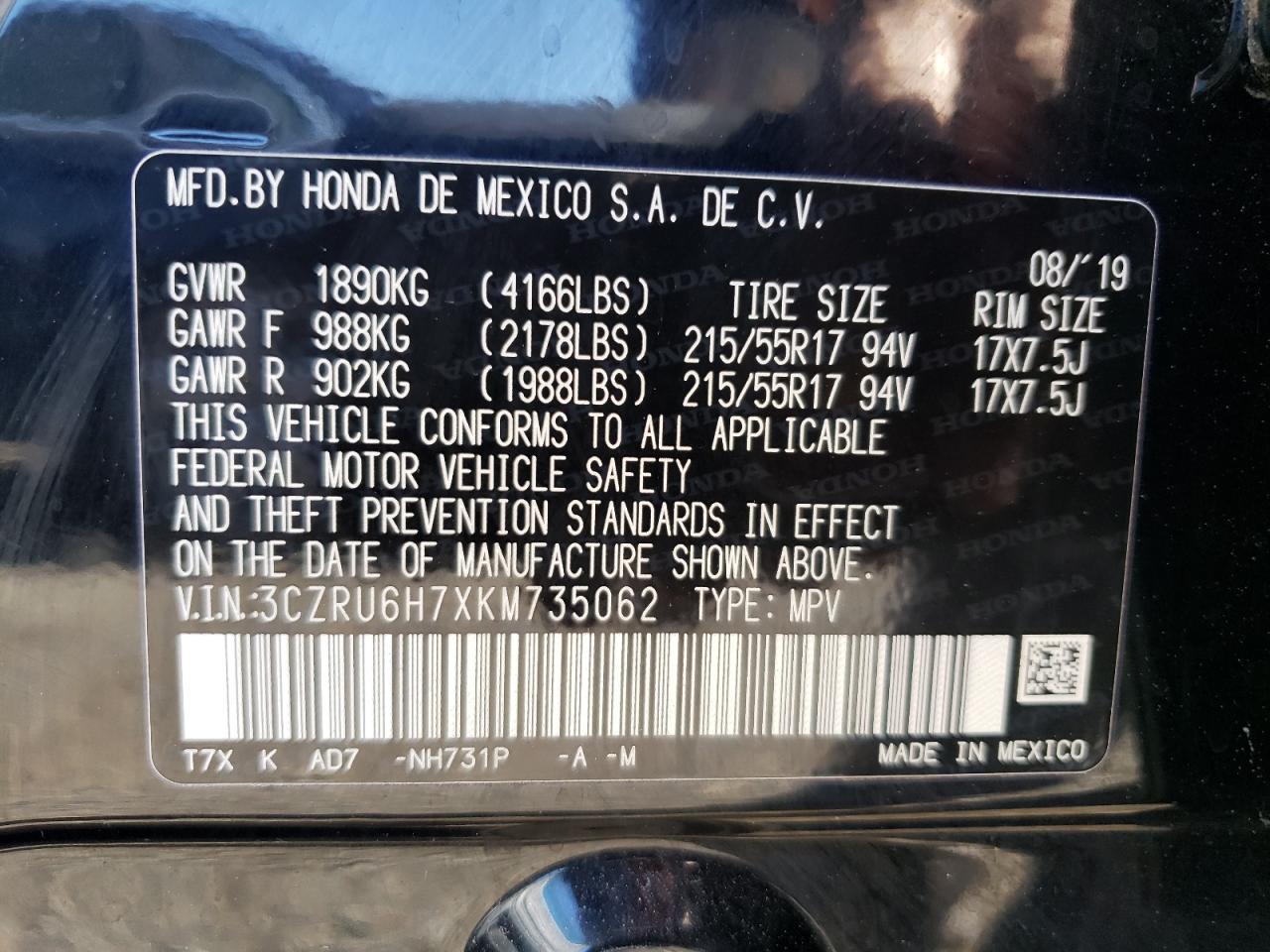 3CZRU6H7XKM735062 2019 Honda Hr-V Exl