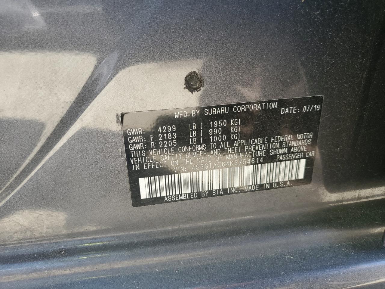 4S3GTAC64K3754614 2019 Subaru Impreza Premium