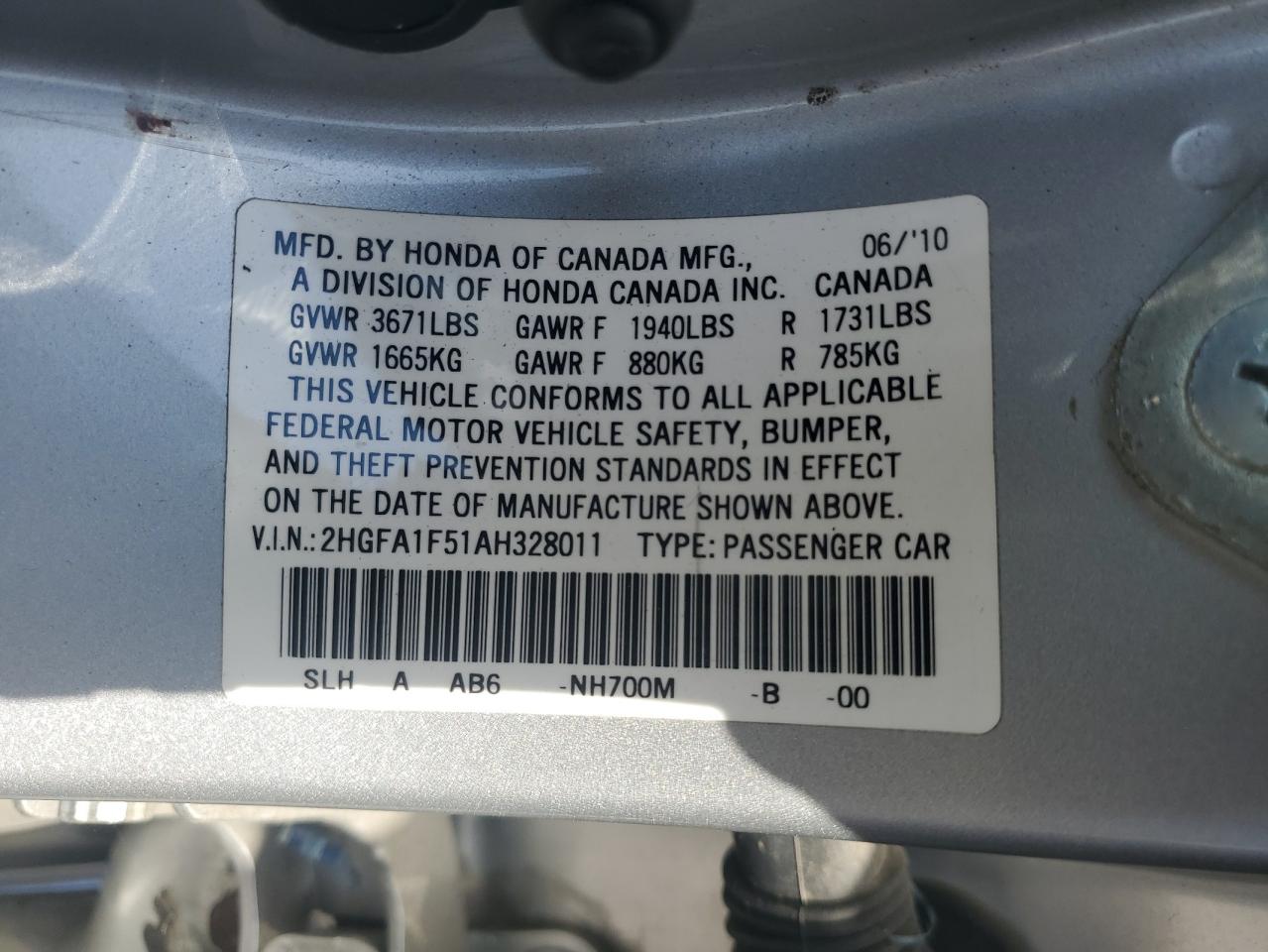 2HGFA1F51AH328011 2010 Honda Civic Lx