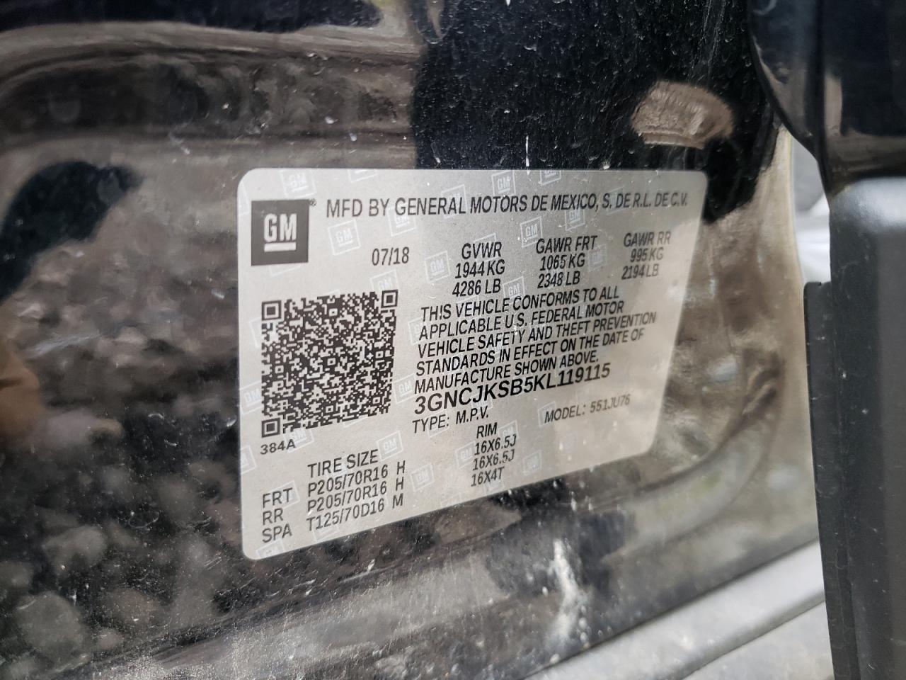 3GNCJKSB5KL119115 2019 Chevrolet Trax Ls