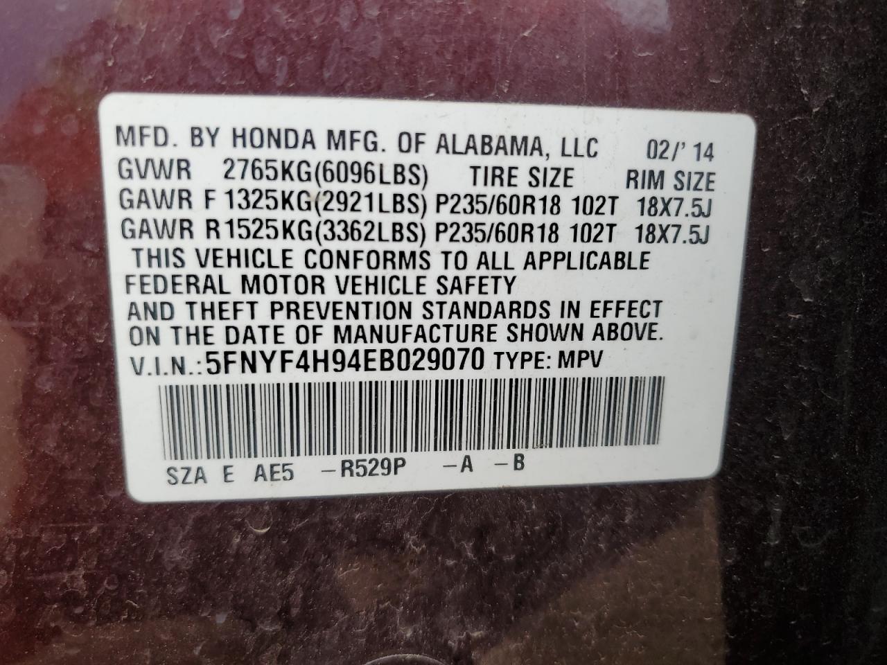 5FNYF4H94EB029070 2014 Honda Pilot Touring