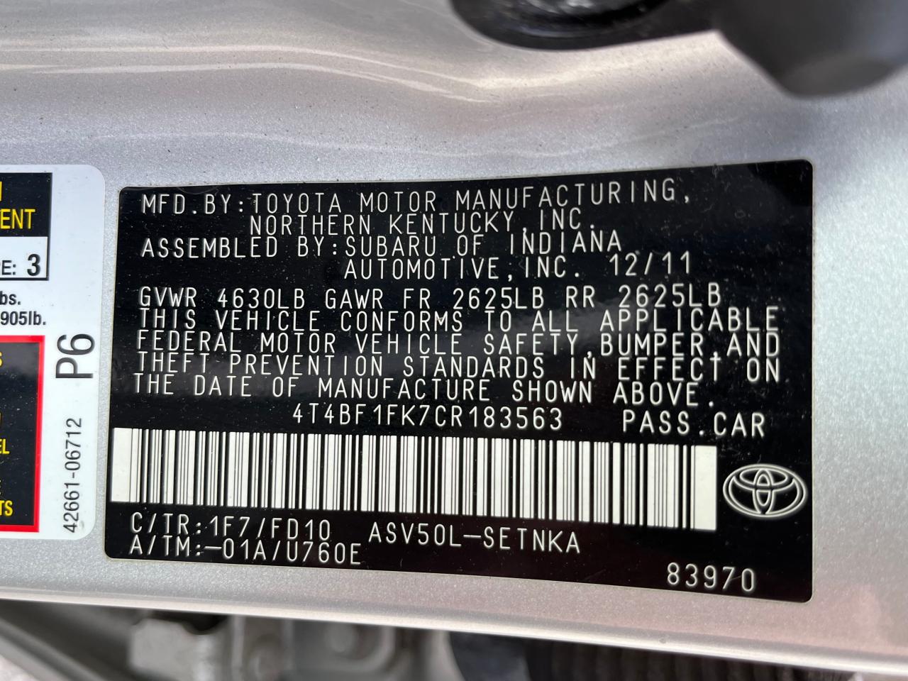 2012 Toyota Camry Base vin: 4T4BF1FK7CR183563