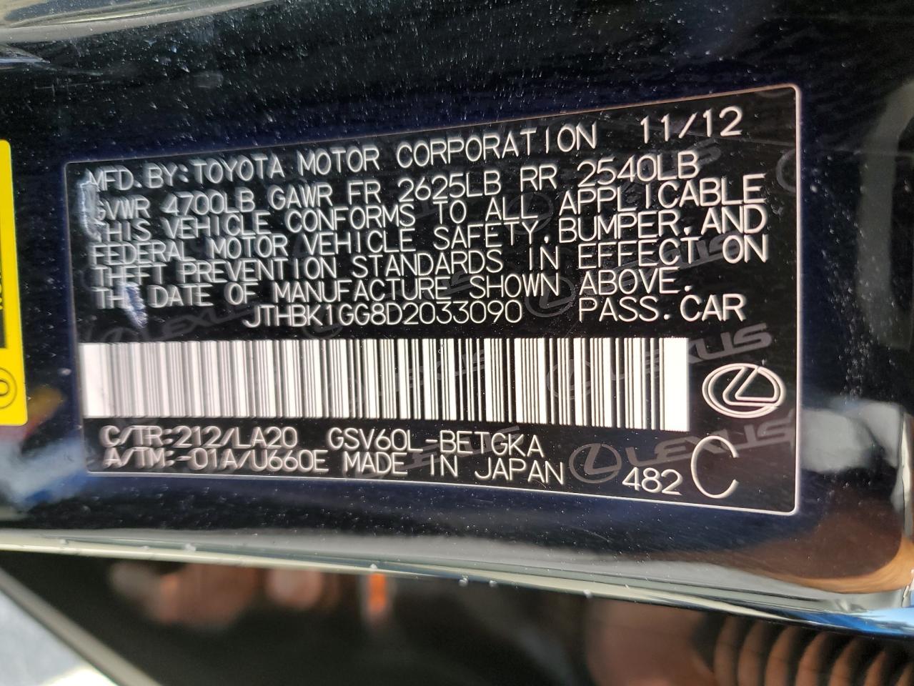 JTHBK1GG8D2033090 2013 Lexus Es 350