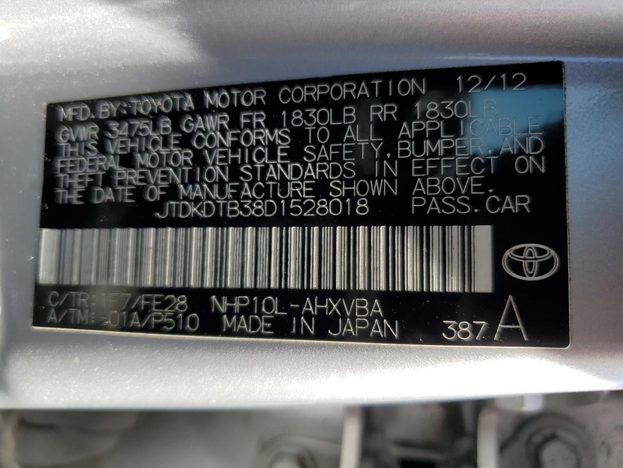 2013 Toyota Prius C vin: JTDKDTB38D1528018