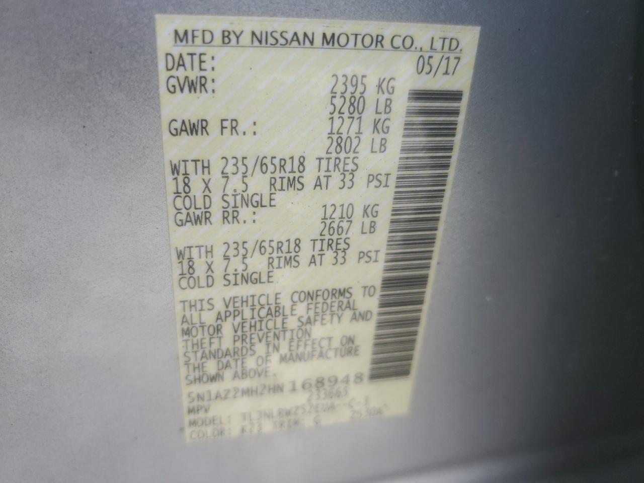 5N1AZ2MH2HN168948 2017 Nissan Murano S