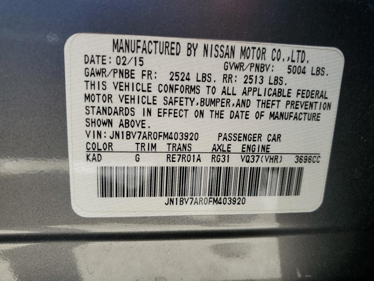 JN1BV7AR0FM403920 2015 Infiniti Q50 Base
