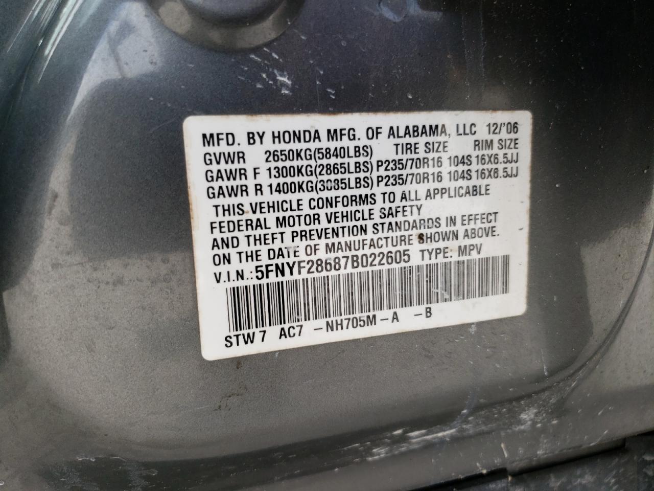 5FNYF28687B022605 2007 Honda Pilot Exl