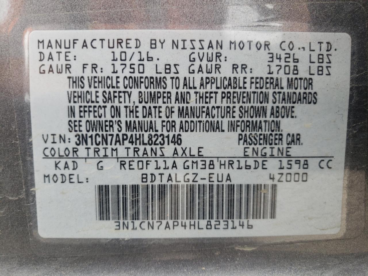 3N1CN7AP4HL823146 2017 Nissan Versa S