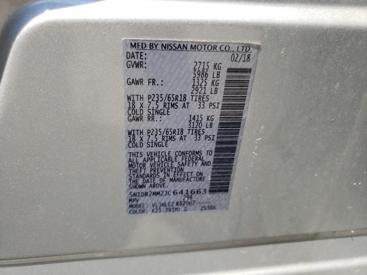 5N1DR2MM2JC641663 2018 Nissan Pathfinder S