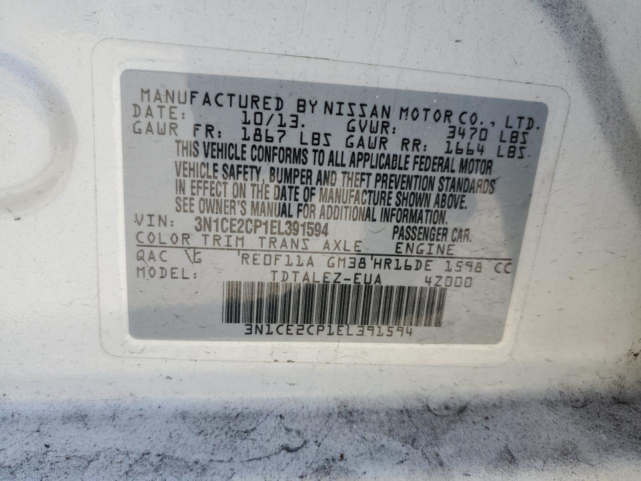 3N1CE2CP1EL391594 2014 Nissan Versa Note S