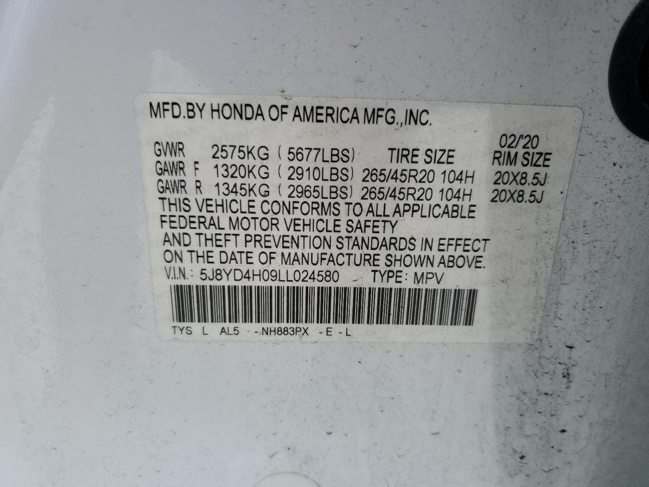 5J8YD4H09LL024580 2020 Acura Mdx A-Spec