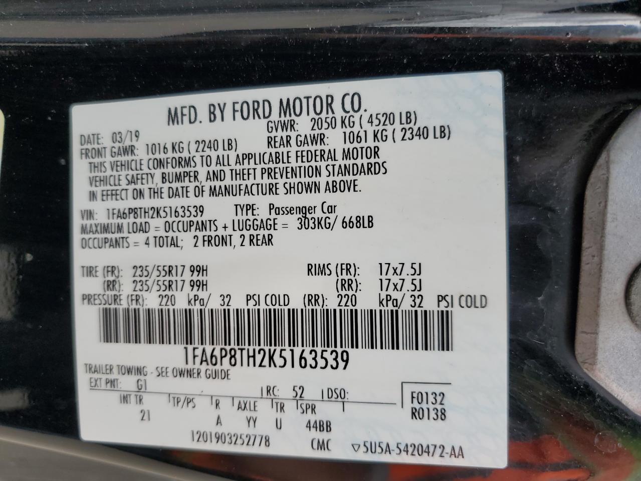 1FA6P8TH2K5163539 2019 Ford Mustang