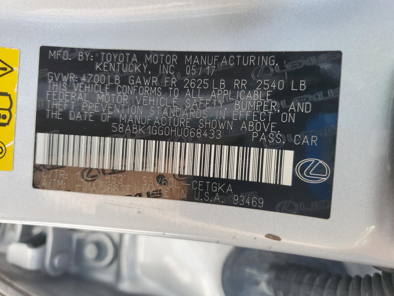 58ABK1GG0HU068433 2017 Lexus Es 350