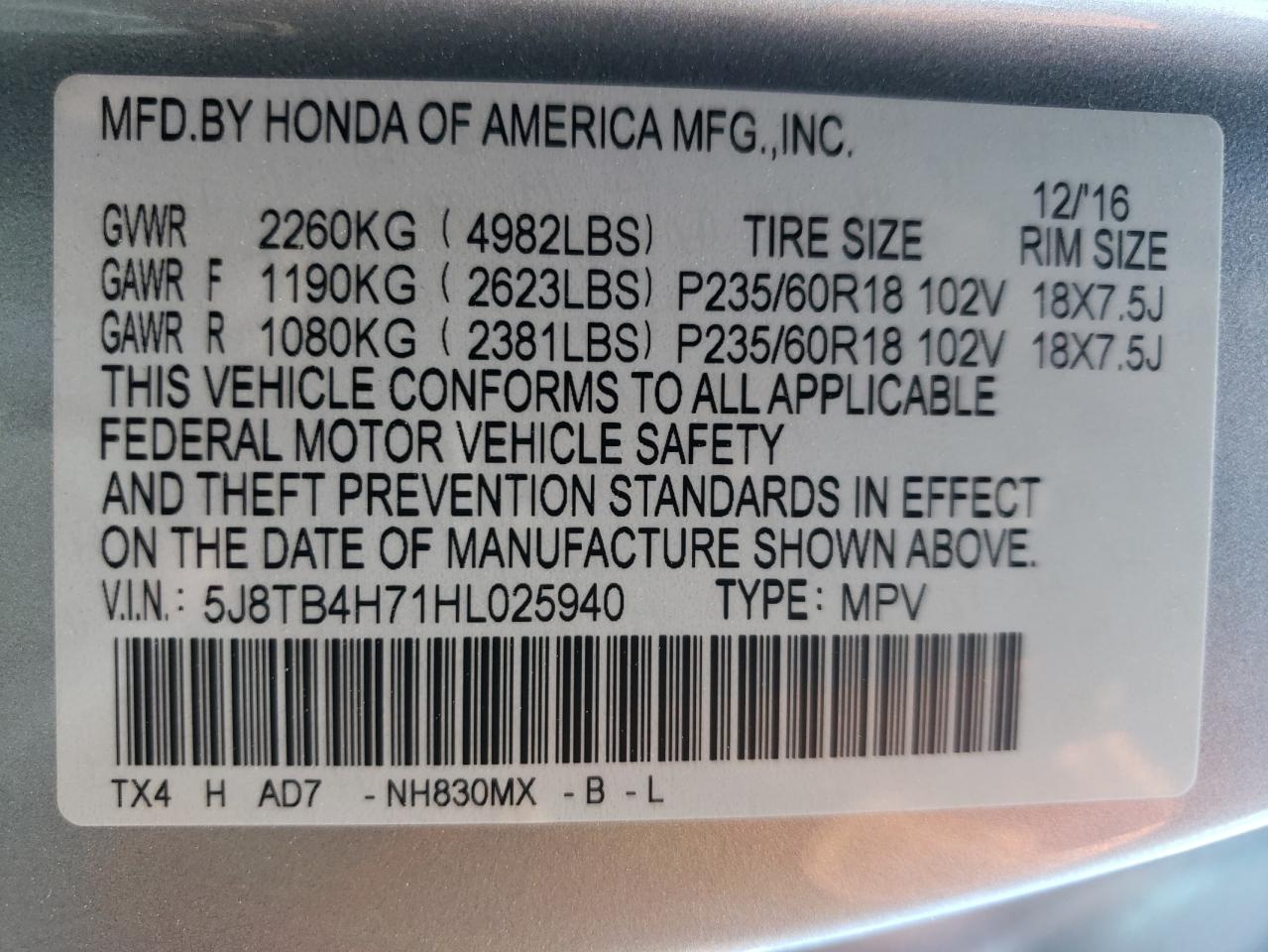 5J8TB4H71HL025940 2017 Acura Rdx Advance