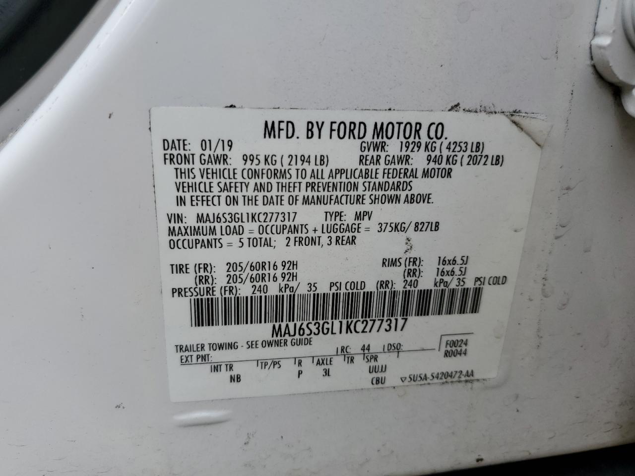 2019 Ford Ecosport Se vin: MAJ6S3GL1KC277317