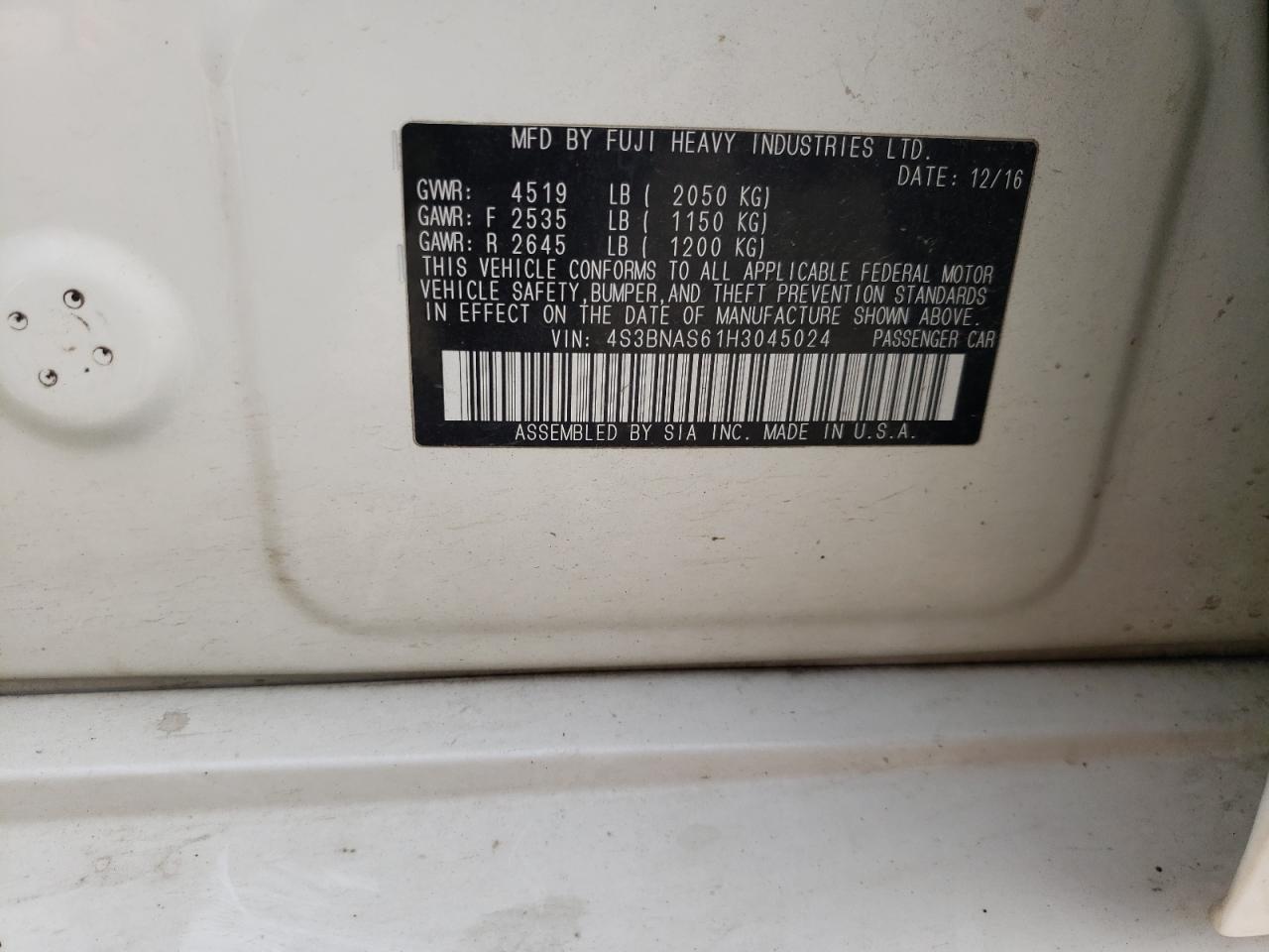 4S3BNAS61H3045024 2017 Subaru Legacy Sport