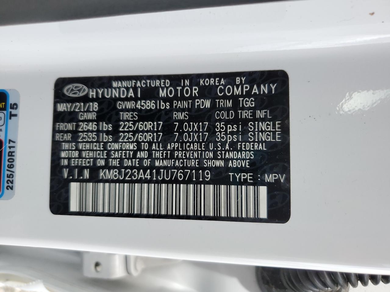 KM8J23A41JU767119 2018 Hyundai Tucson Se