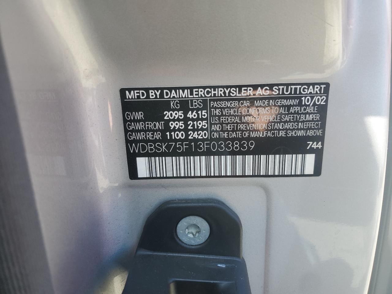 WDBSK75F13F033839 2003 Mercedes-Benz Sl 500R