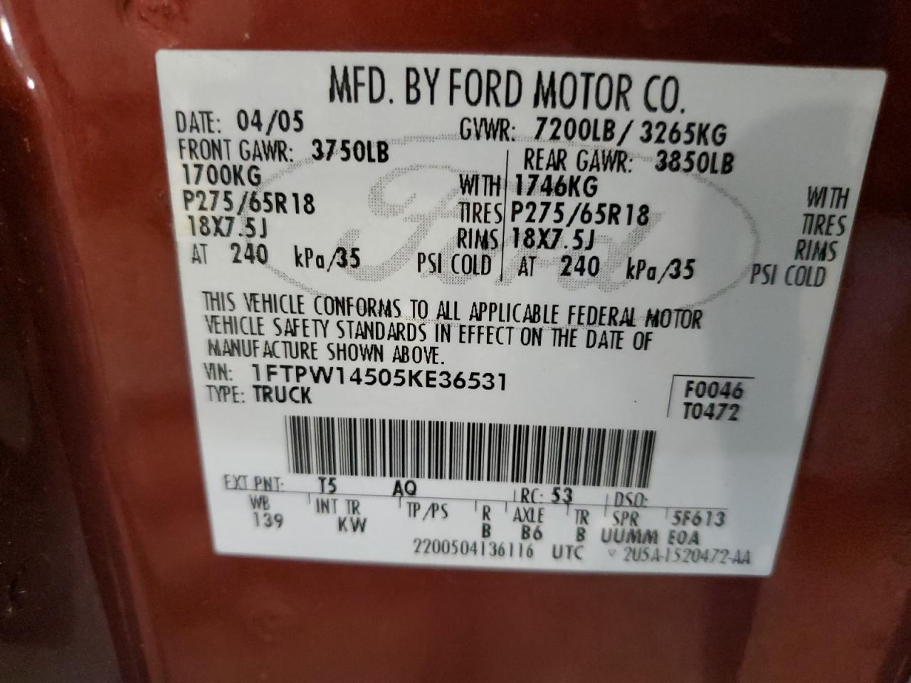 1FTPW14505KE36531 2005 Ford F150 Supercrew